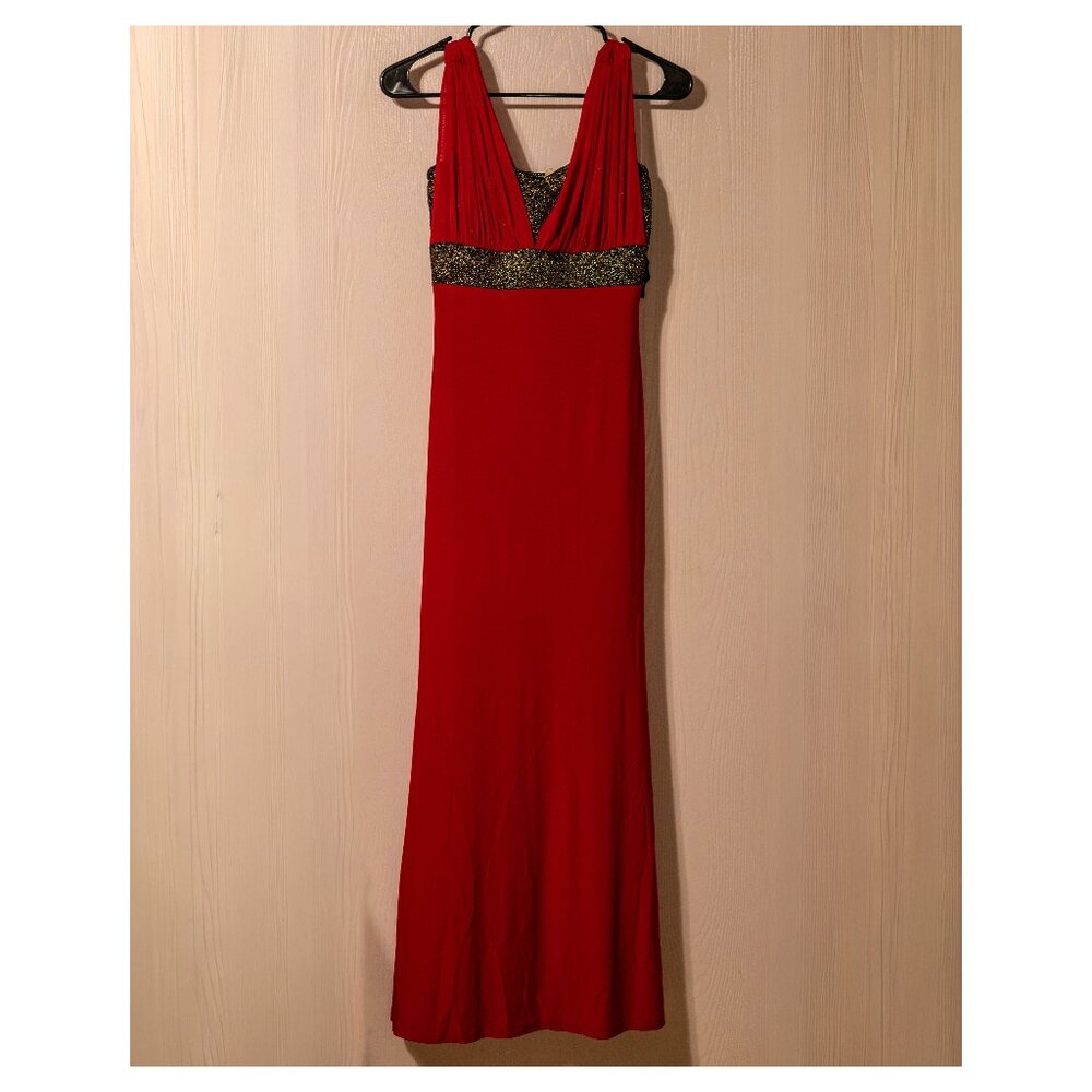 Vintage Ace Collection Red & Gold Glitter Formal Gown – Stretchy – Size M